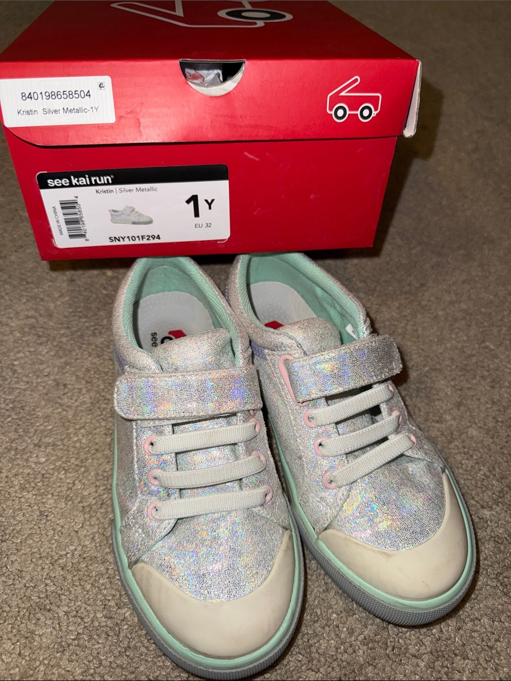 See Kai Run Glittery Silver Sneakers with Mint Trim